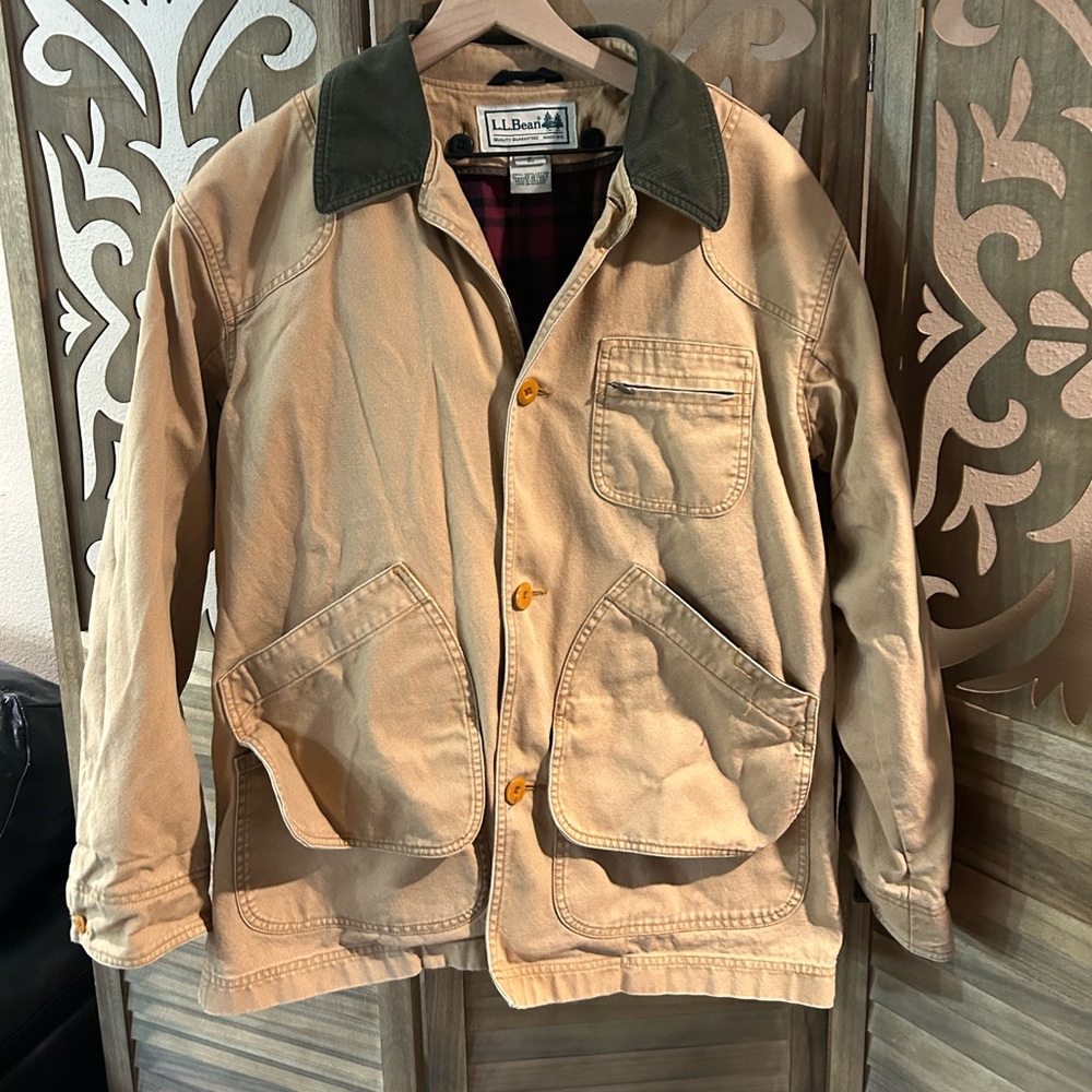 Vintage LL Bean Plaid Lined Corduroy Collar Chore Coat Oversized Mens Fit